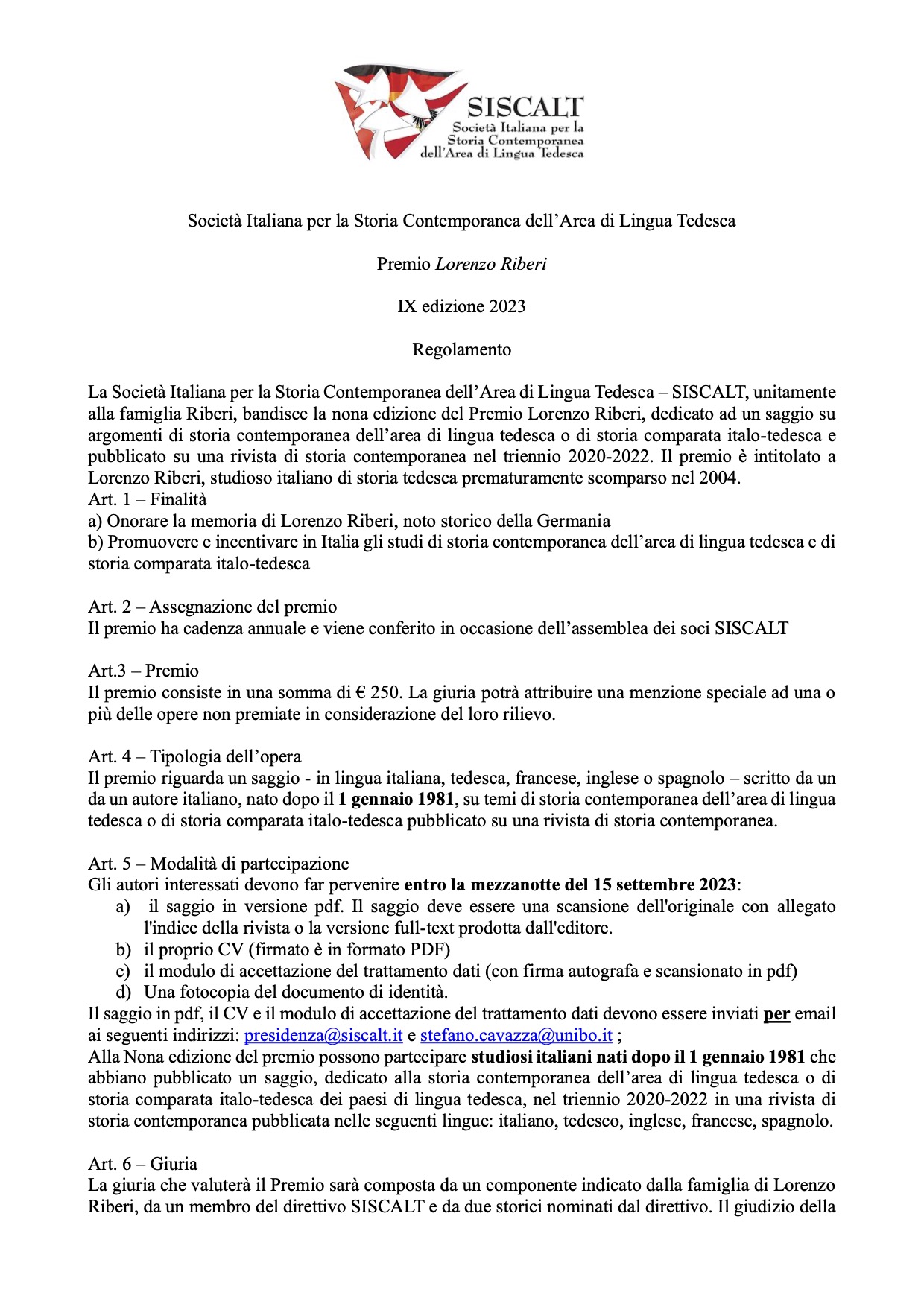 1-Premio Sisscalt Lorenzo Riberi Regolamento 2023